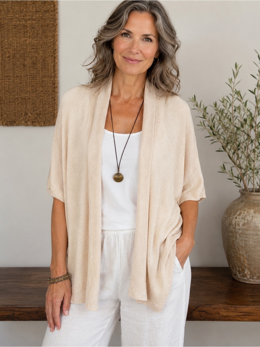 EILEEN FISHER Organic Linen Cotton Open Knit Cardigan Pink Blush M Lagenlook